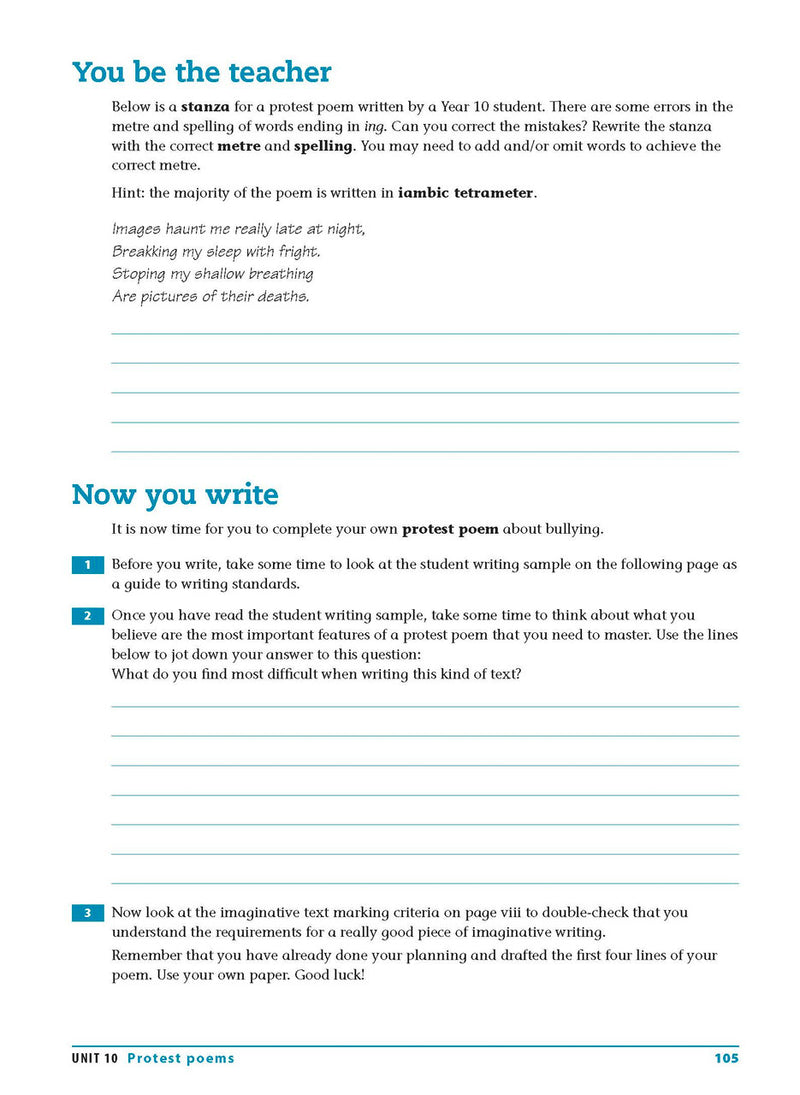 Sample interior page from the Excel Essential Skills Writing and Spelling Workbook Years 9-10 as shown in the publisher preview