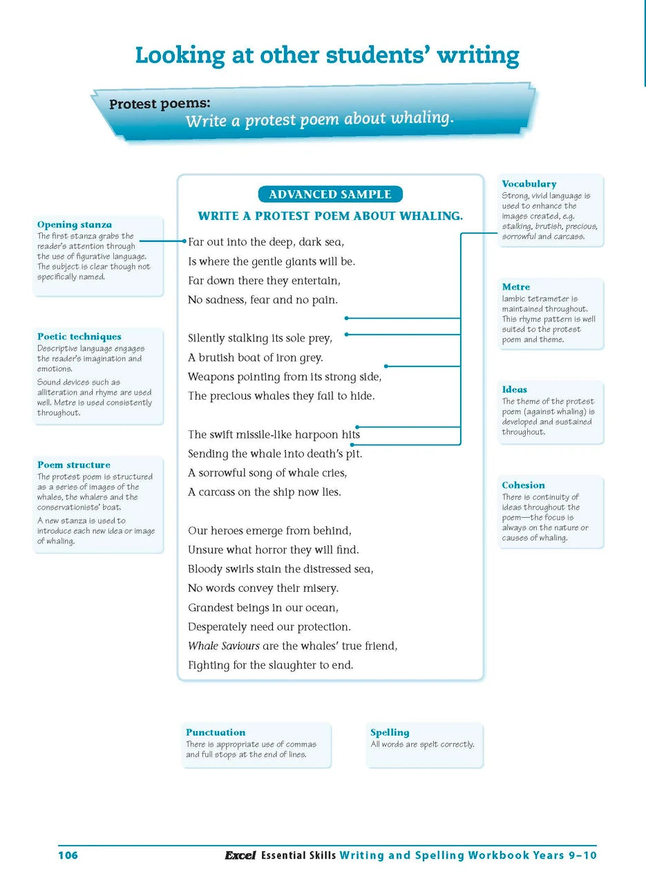 Sample interior page from the Excel Essential Skills Writing and Spelling Workbook Years 9-10 as shown in the publisher preview