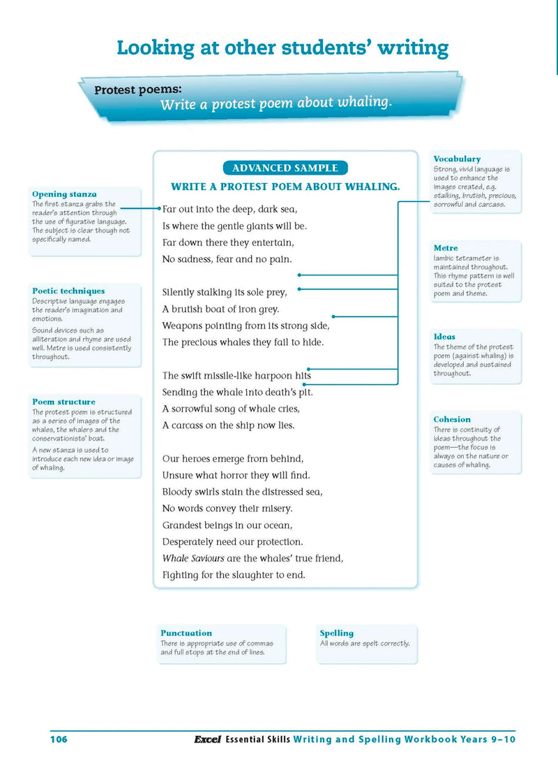 Sample interior page from the Excel Essential Skills Writing and Spelling Workbook Years 9-10 as shown in the publisher preview
