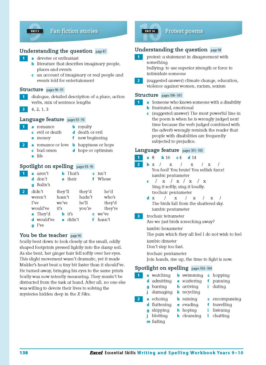 Sample interior page from the Excel Essential Skills Writing and Spelling Workbook Years 9-10 as shown in the publisher preview