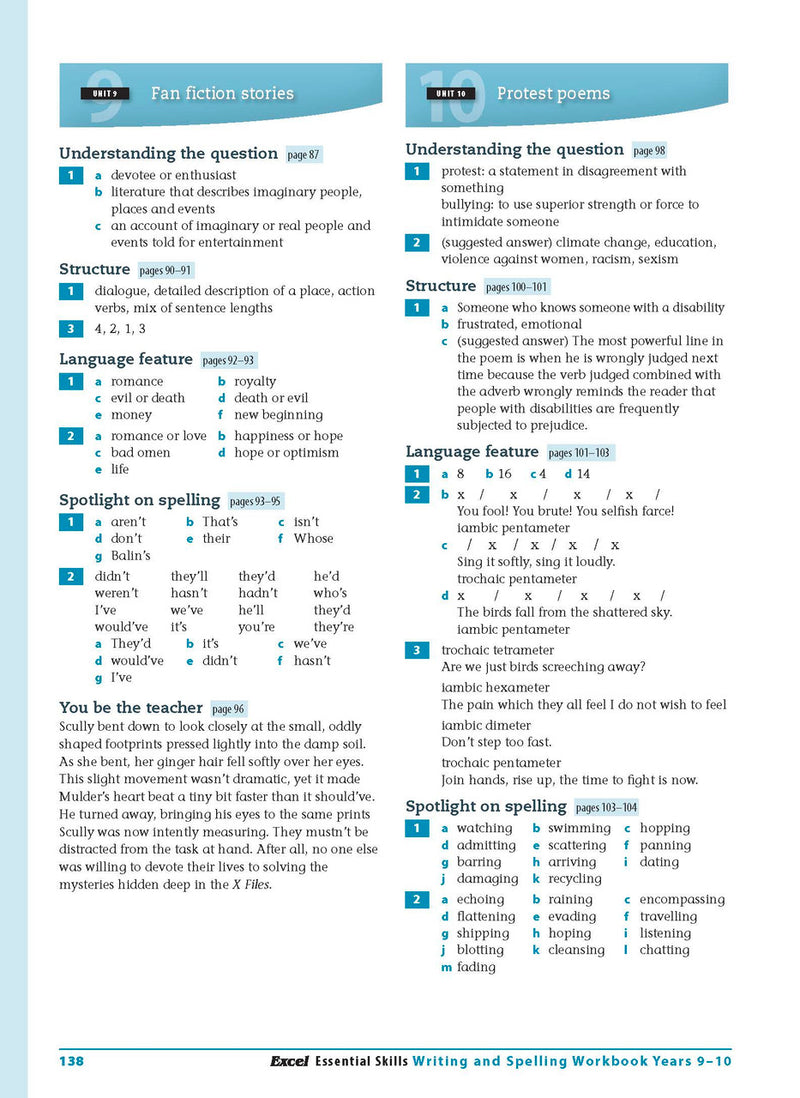 Sample interior page from the Excel Essential Skills Writing and Spelling Workbook Years 9-10 as shown in the publisher preview