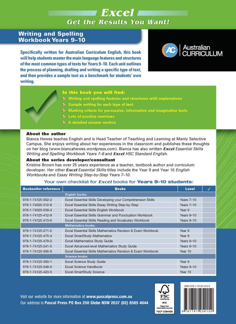 Back cover of the Excel Essential Skills Writing and Spelling Workbook Years 9-10 with the publisher's summary