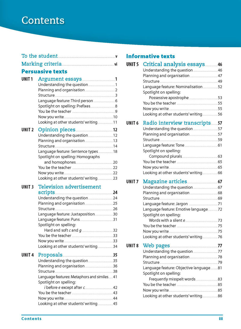 Contents page from the Excel Essential Skills Writing and Spelling Workbook Years 9-10 listing the units inside