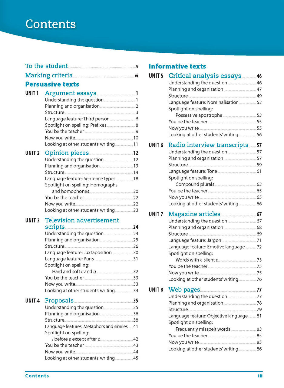 Contents page from the Excel Essential Skills Writing and Spelling Workbook Years 9-10 listing the units inside