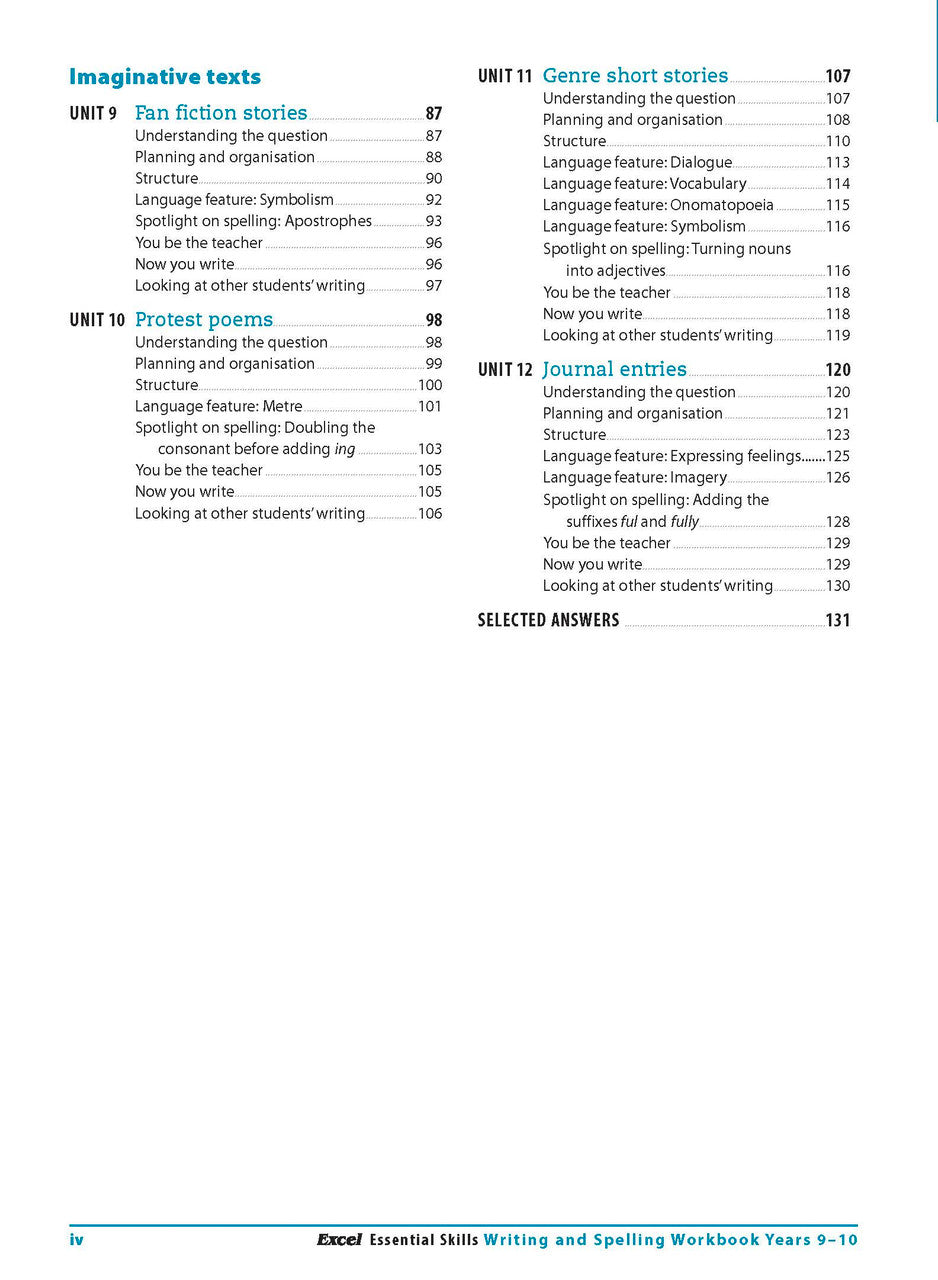 Contents page from the Excel Essential Skills Writing and Spelling Workbook Years 9-10 listing the units inside