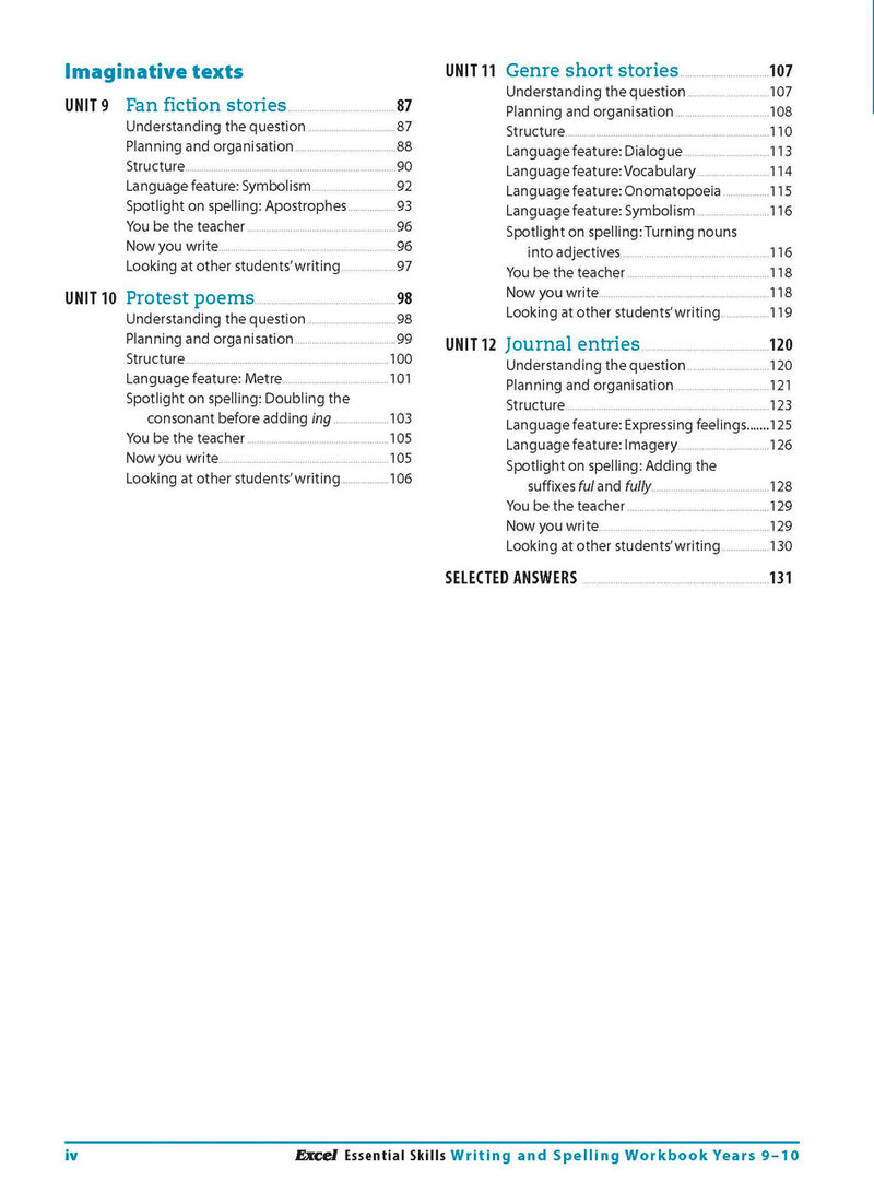 Contents page from the Excel Essential Skills Writing and Spelling Workbook Years 9-10 listing the units inside