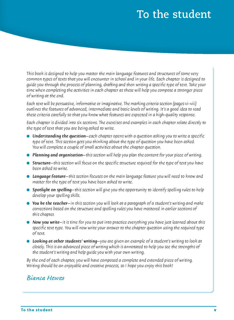 Introductory page from the front of the Excel Essential Skills Writing and Spelling Workbook Years 9-10
