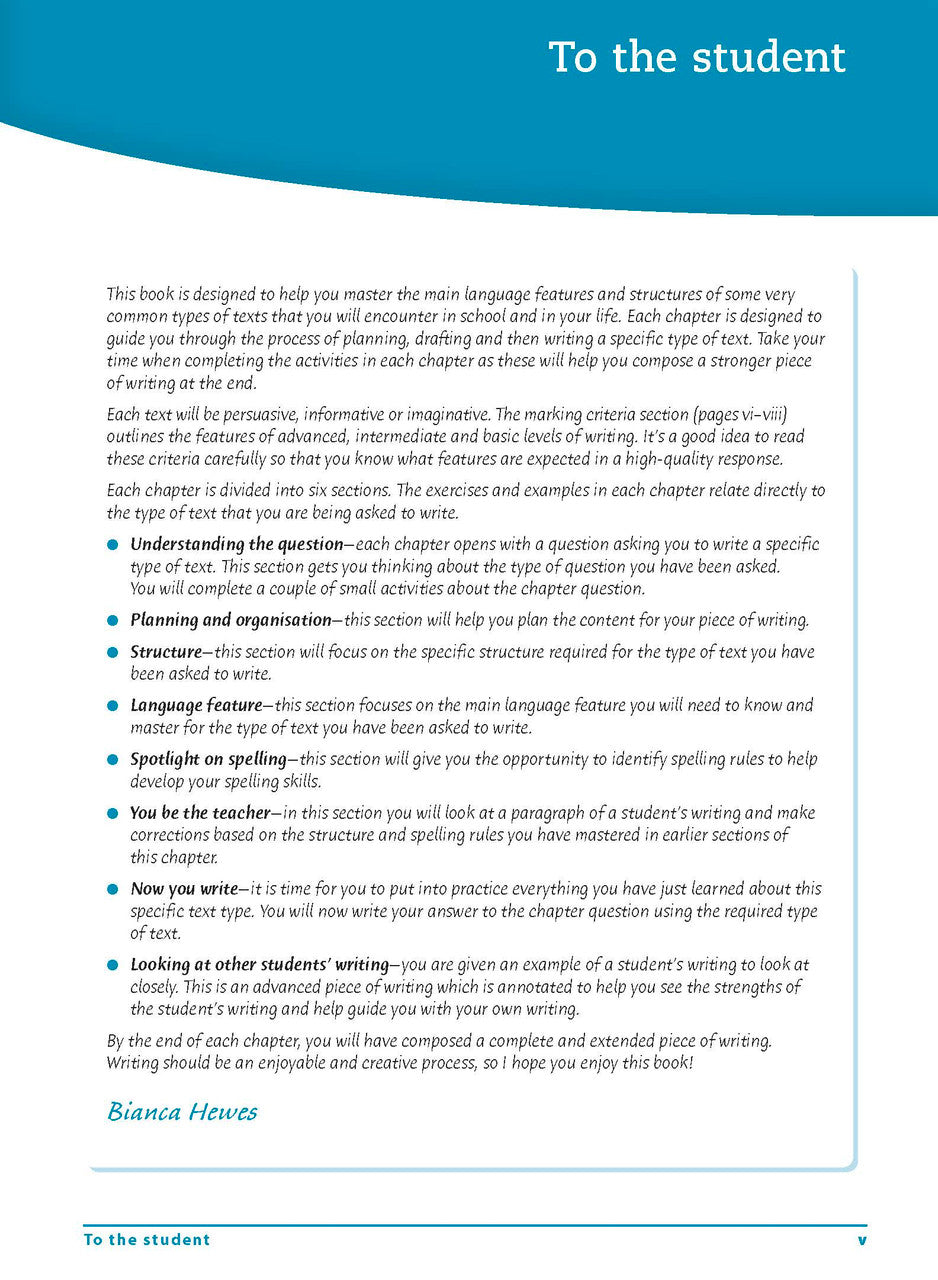 Introductory page from the front of the Excel Essential Skills Writing and Spelling Workbook Years 9-10