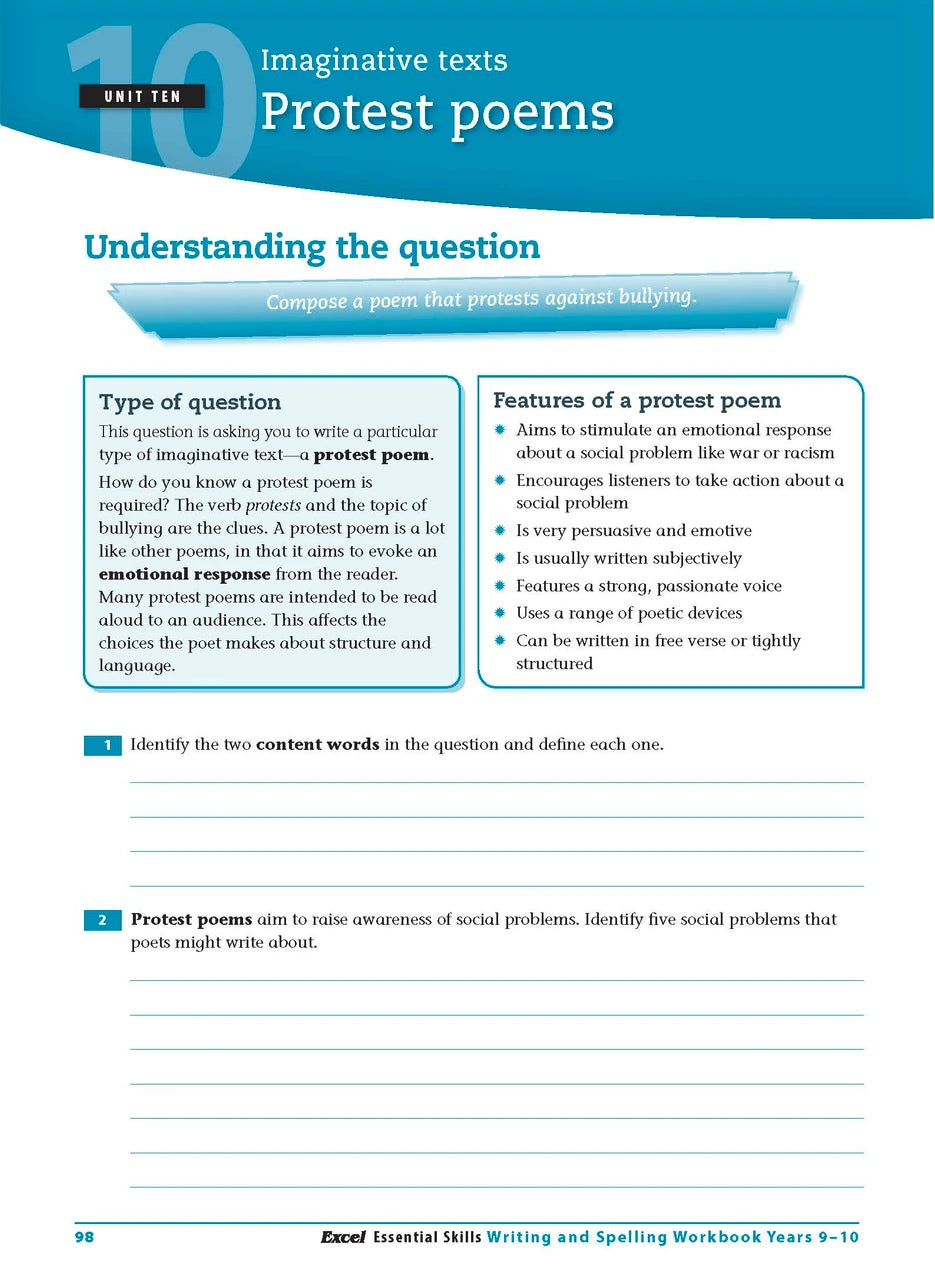 Sample interior page from the Excel Essential Skills Writing and Spelling Workbook Years 9-10 as shown in the publisher preview