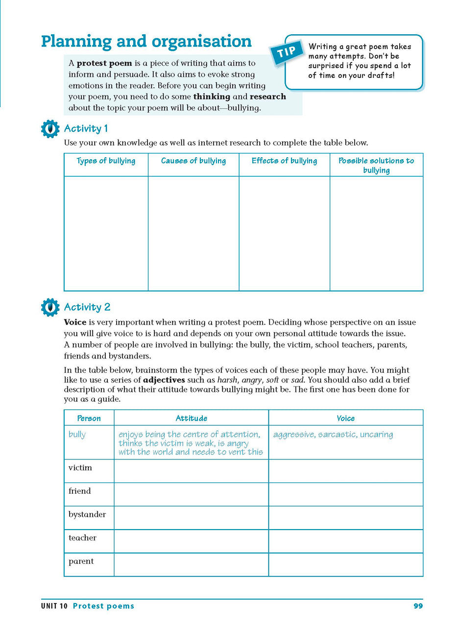 Sample interior page from the Excel Essential Skills Writing and Spelling Workbook Years 9-10 as shown in the publisher preview