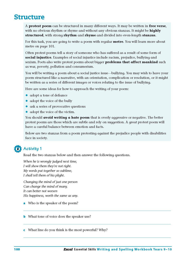 Sample interior page from the Excel Essential Skills Writing and Spelling Workbook Years 9-10 as shown in the publisher preview