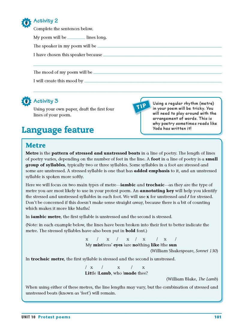 Sample interior page from the Excel Essential Skills Writing and Spelling Workbook Years 9-10 as shown in the publisher preview