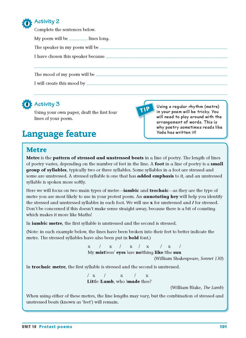 Sample interior page from the Excel Essential Skills Writing and Spelling Workbook Years 9-10 as shown in the publisher preview