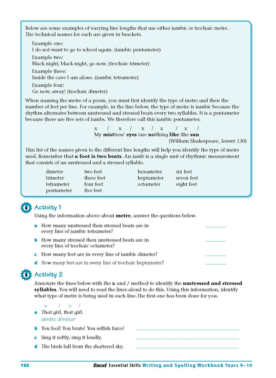 Sample interior page from the Excel Essential Skills Writing and Spelling Workbook Years 9-10 as shown in the publisher preview