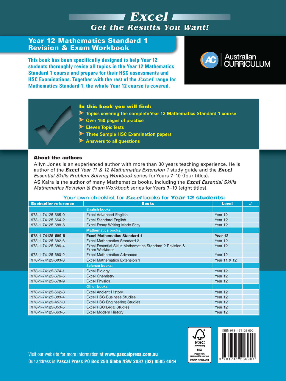 Back cover of the Excel Essential Skills Year 12 Mathematics Standard 1 Revision and Exam Workbook as shown in the Pascal Press product gallery