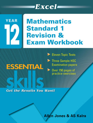 Front cover of the Excel Essential Skills Year 12 Mathematics Standard 1 Revision and Exam Workbook from Pascal Press, shown as the main product image