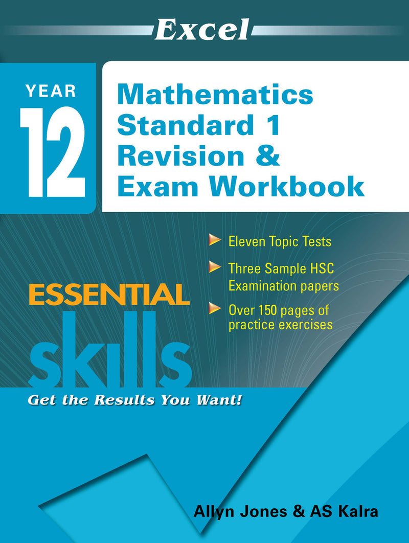 Front cover of the Excel Essential Skills Year 12 Mathematics Standard 1 Revision and Exam Workbook from Pascal Press, shown as the main product image