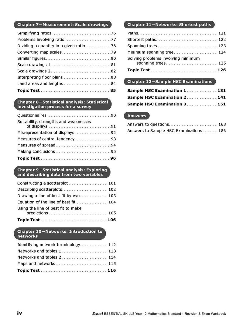 Sample interior page from the Excel Essential Skills Year 12 Mathematics Standard 1 Revision and Exam Workbook as shown in the Pascal Press product gallery