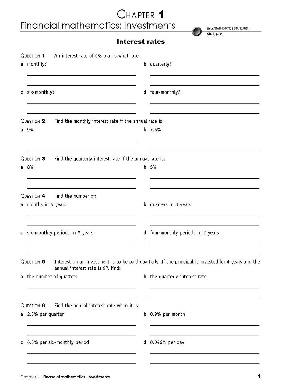 Sample interior page from the Excel Essential Skills Year 12 Mathematics Standard 1 Revision and Exam Workbook as shown in the Pascal Press product gallery