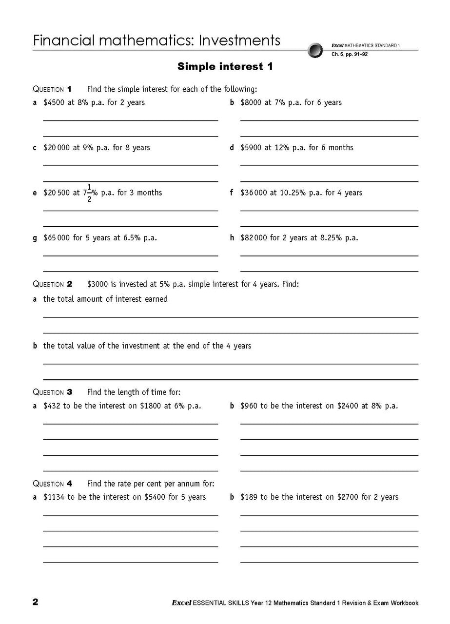 Sample interior page from the Excel Essential Skills Year 12 Mathematics Standard 1 Revision and Exam Workbook as shown in the Pascal Press product gallery