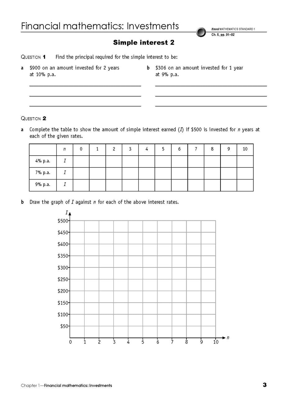 Sample interior page from the Excel Essential Skills Year 12 Mathematics Standard 1 Revision and Exam Workbook as shown in the Pascal Press product gallery