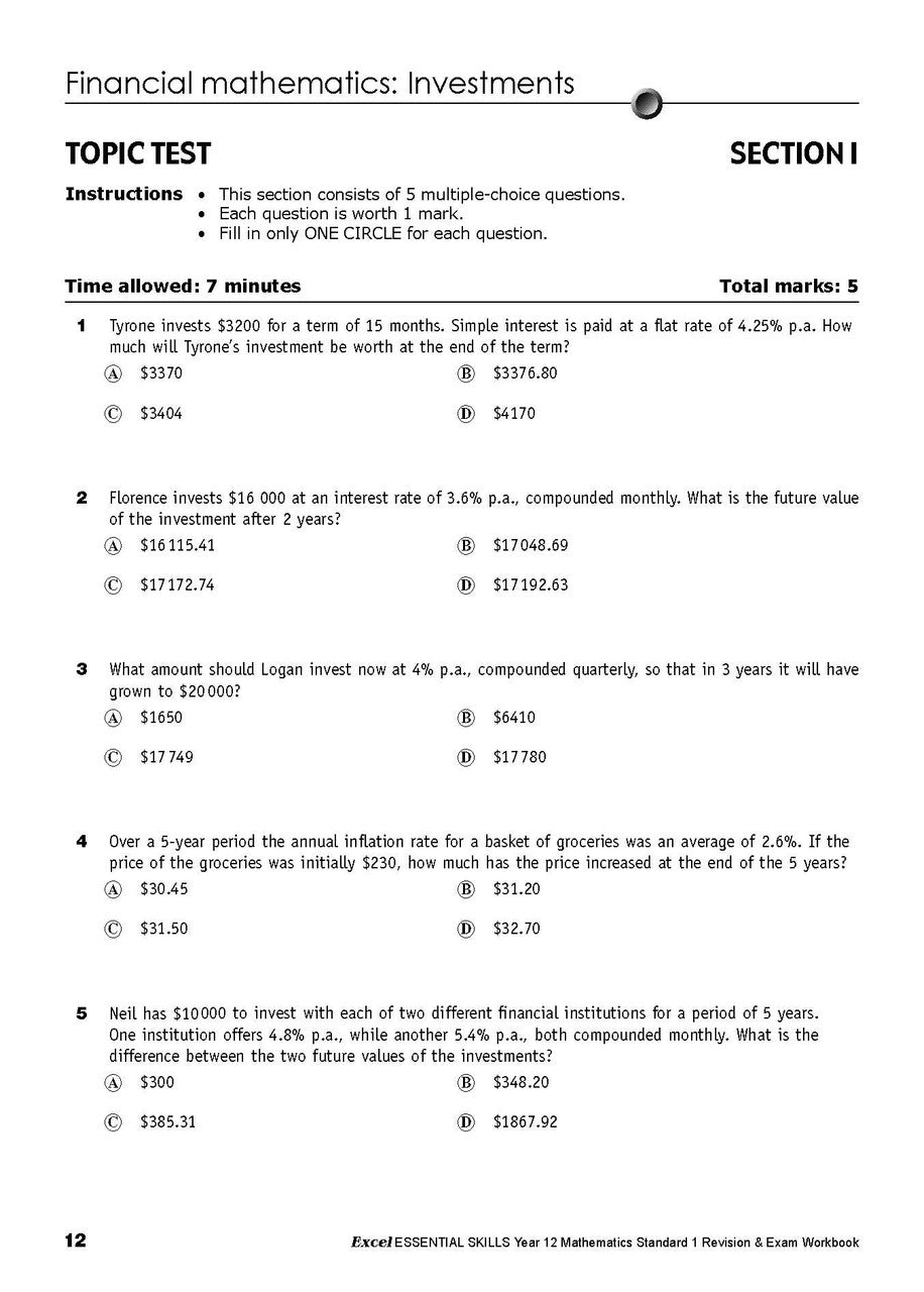 Sample interior page from the Excel Essential Skills Year 12 Mathematics Standard 1 Revision and Exam Workbook as shown in the Pascal Press product gallery