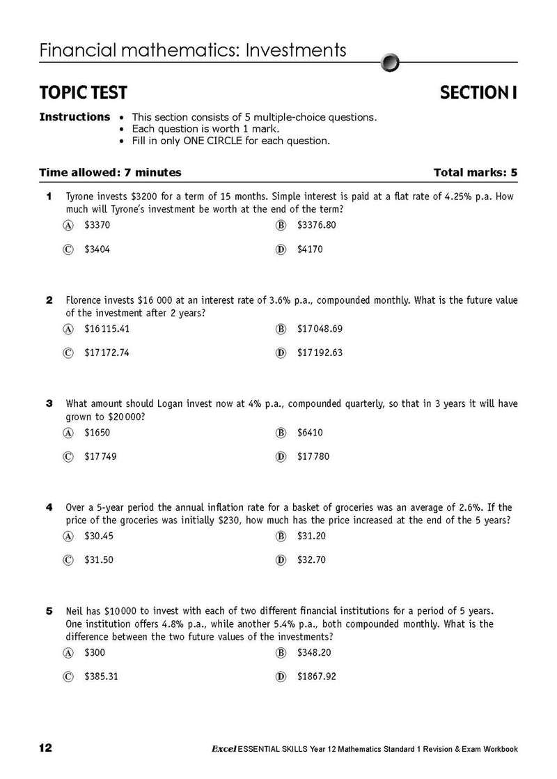 Sample interior page from the Excel Essential Skills Year 12 Mathematics Standard 1 Revision and Exam Workbook as shown in the Pascal Press product gallery