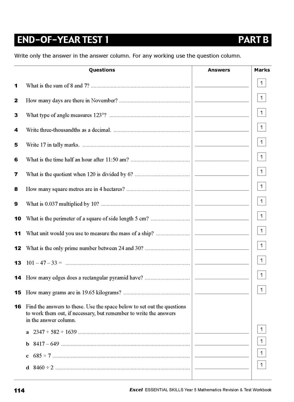 Sample interior page from the Excel Essential Skills Year 5 Mathematics Revision and Test Workbook workbook, the tenth image in the publisher gallery