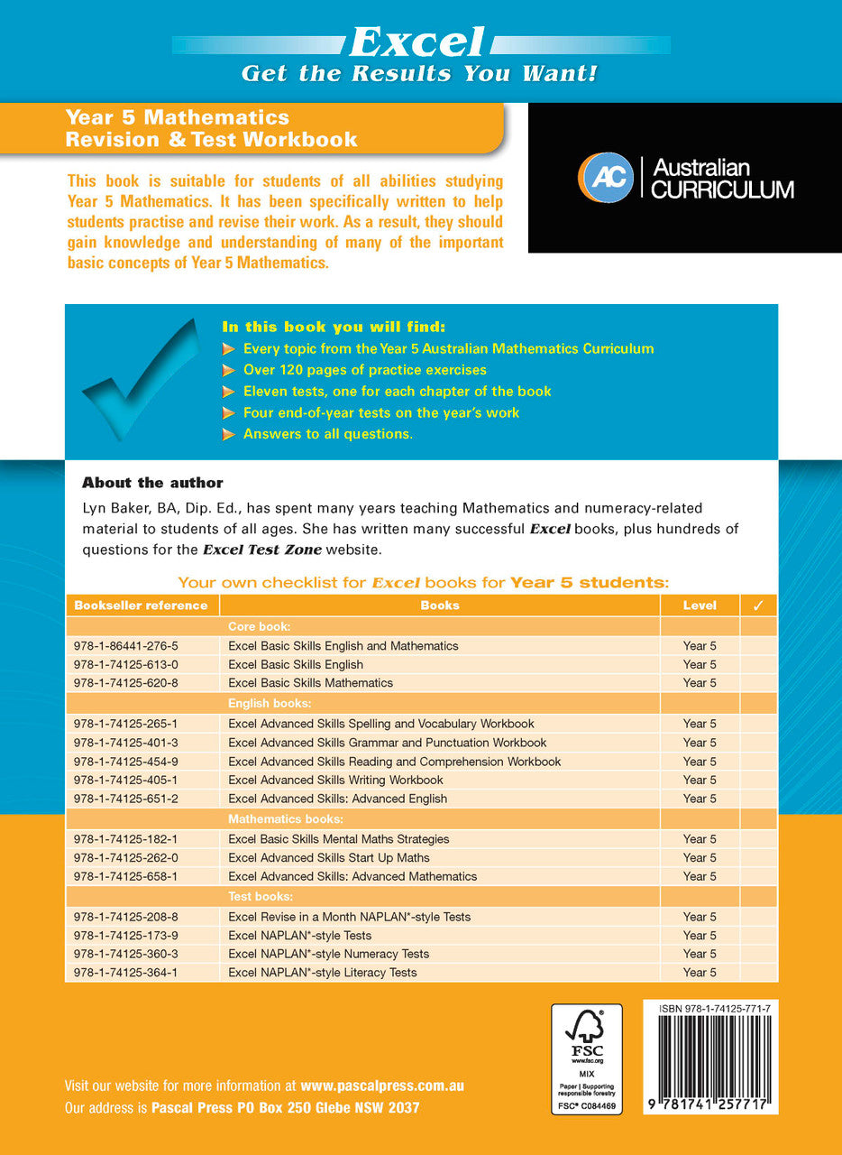 Back cover of the Excel Essential Skills Year 5 Mathematics Revision and Test Workbook workbook with the publisher's overview of the book