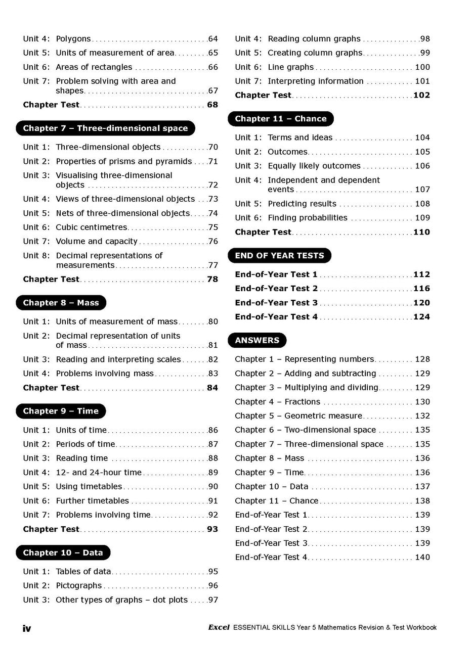 Sample interior page from the Excel Essential Skills Year 5 Mathematics Revision and Test Workbook workbook, the third image in the publisher gallery