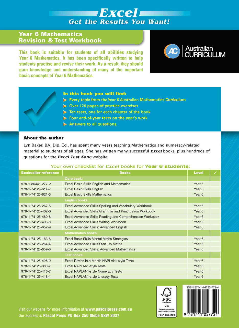 Back cover of the Excel Essential Skills Year 6 Mathematics Revision and Test Workbook workbook with the publisher's overview of the book