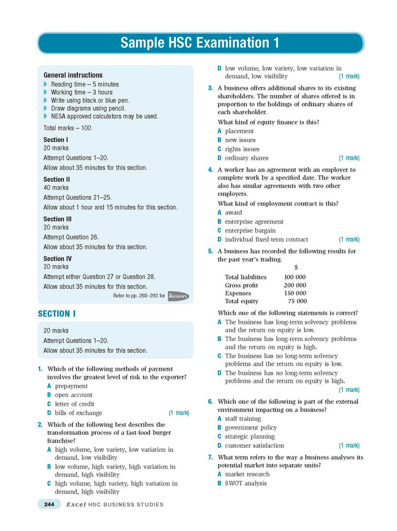 Inside page preview from the Excel HSC Business Studies Study Guide, the eleventh sample page in the publisher's gallery