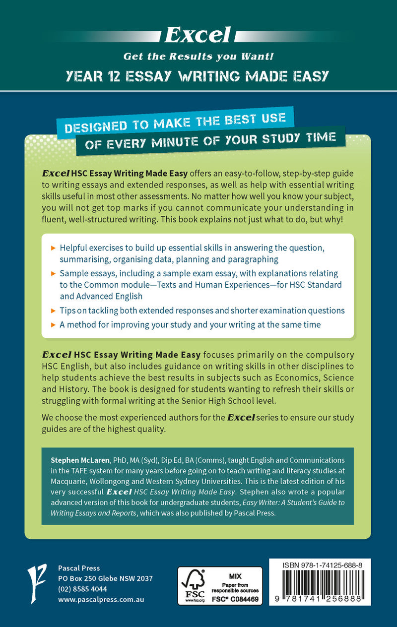 Back cover of Excel HSC Essay Writing Made Easy as shown in the Pascal Press product gallery