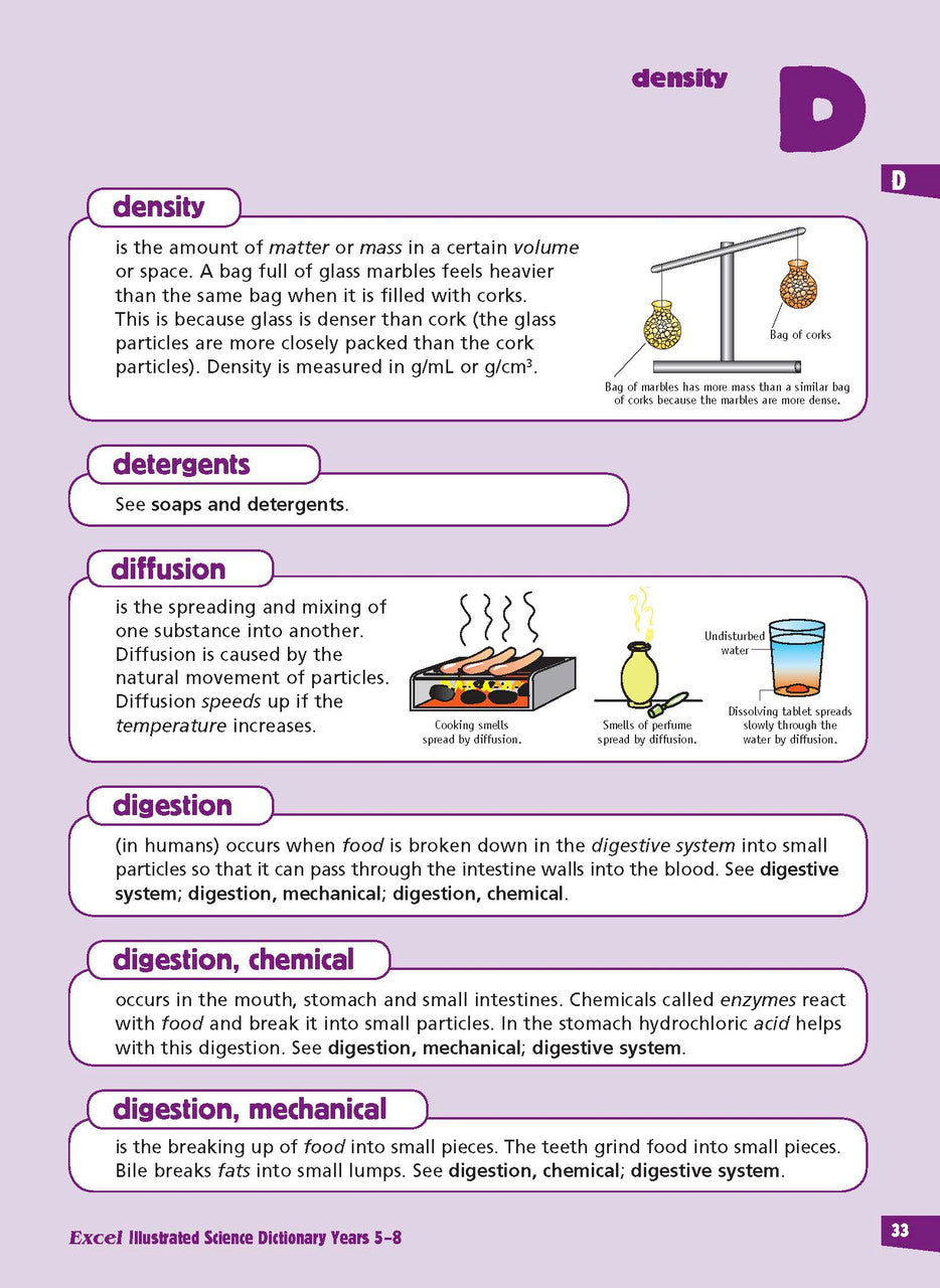 Sample inside page from the Excel Illustrated Science Dictionary Years 5-8, taken from the publisher product gallery