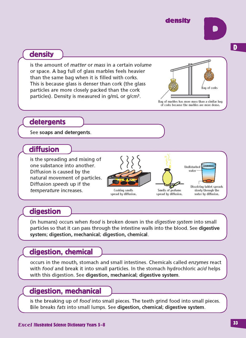 Sample inside page from the Excel Illustrated Science Dictionary Years 5-8, taken from the publisher product gallery