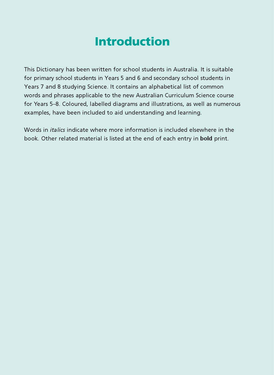 Sample inside page from the Excel Illustrated Science Dictionary Years 5-8, taken from the publisher product gallery