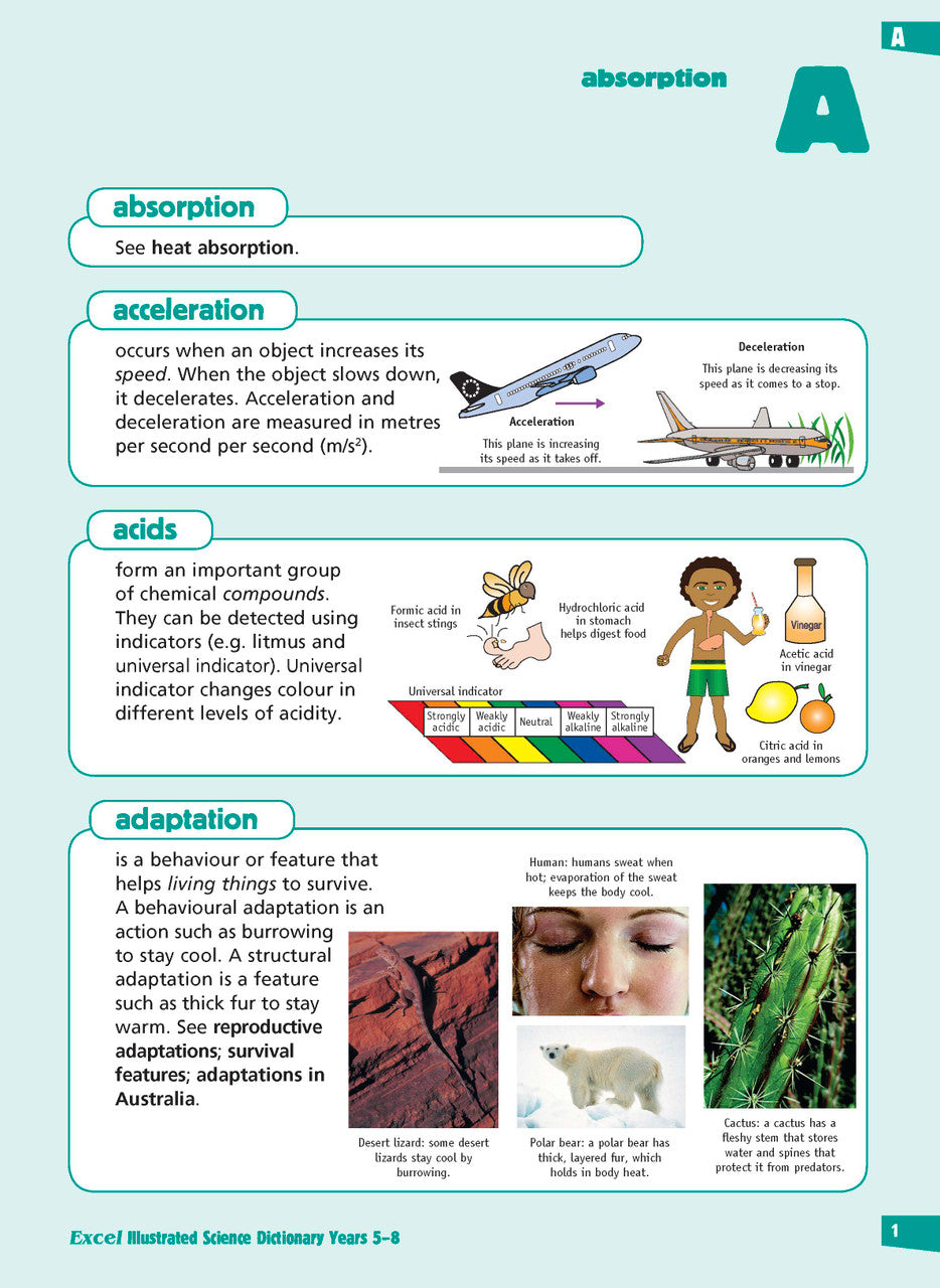 Sample inside page from the Excel Illustrated Science Dictionary Years 5-8, taken from the publisher product gallery