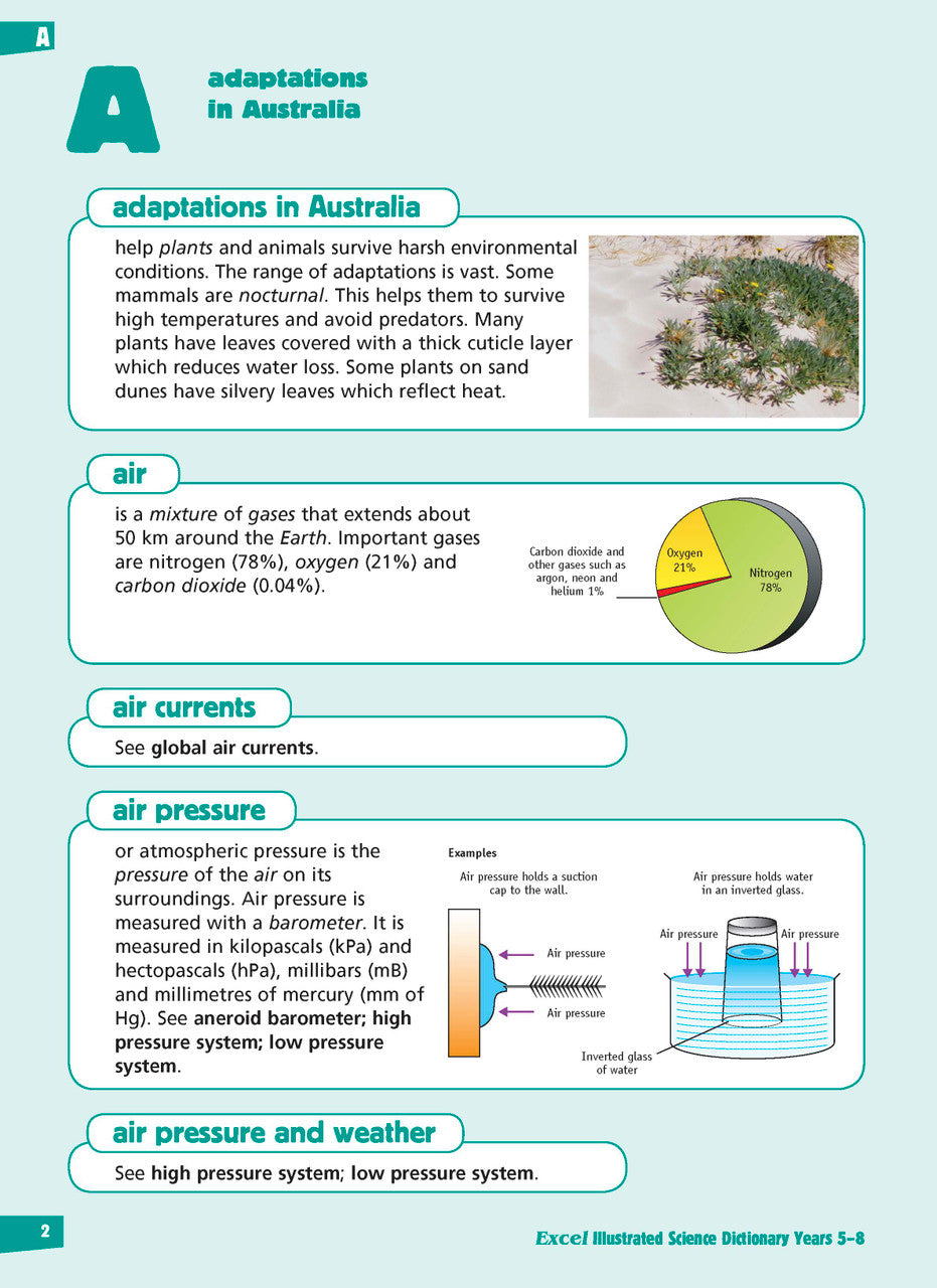 Sample inside page from the Excel Illustrated Science Dictionary Years 5-8, taken from the publisher product gallery