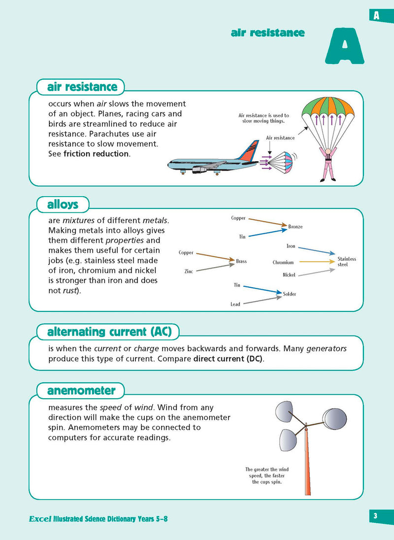 Sample inside page from the Excel Illustrated Science Dictionary Years 5-8, taken from the publisher product gallery
