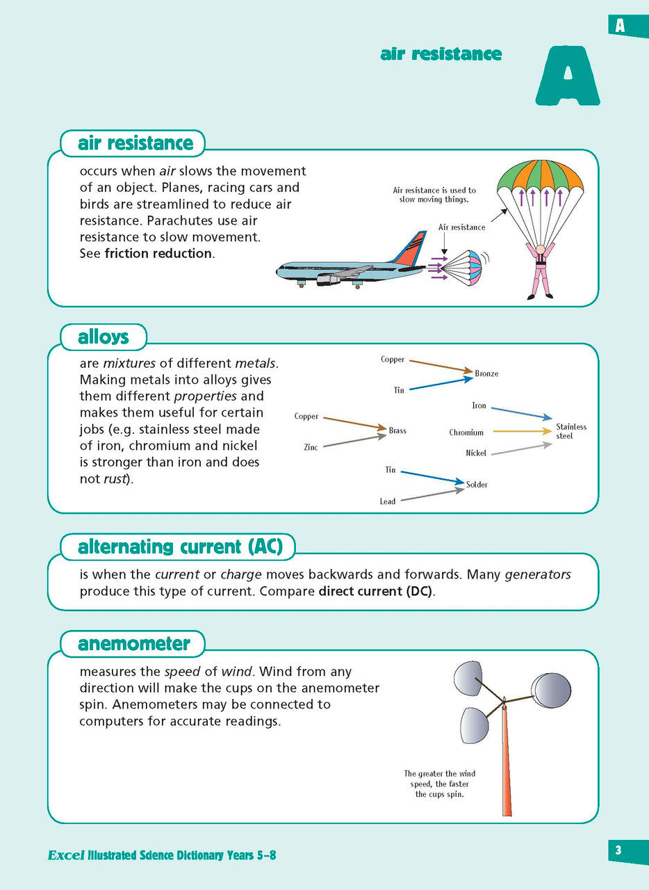 Sample inside page from the Excel Illustrated Science Dictionary Years 5-8, taken from the publisher product gallery