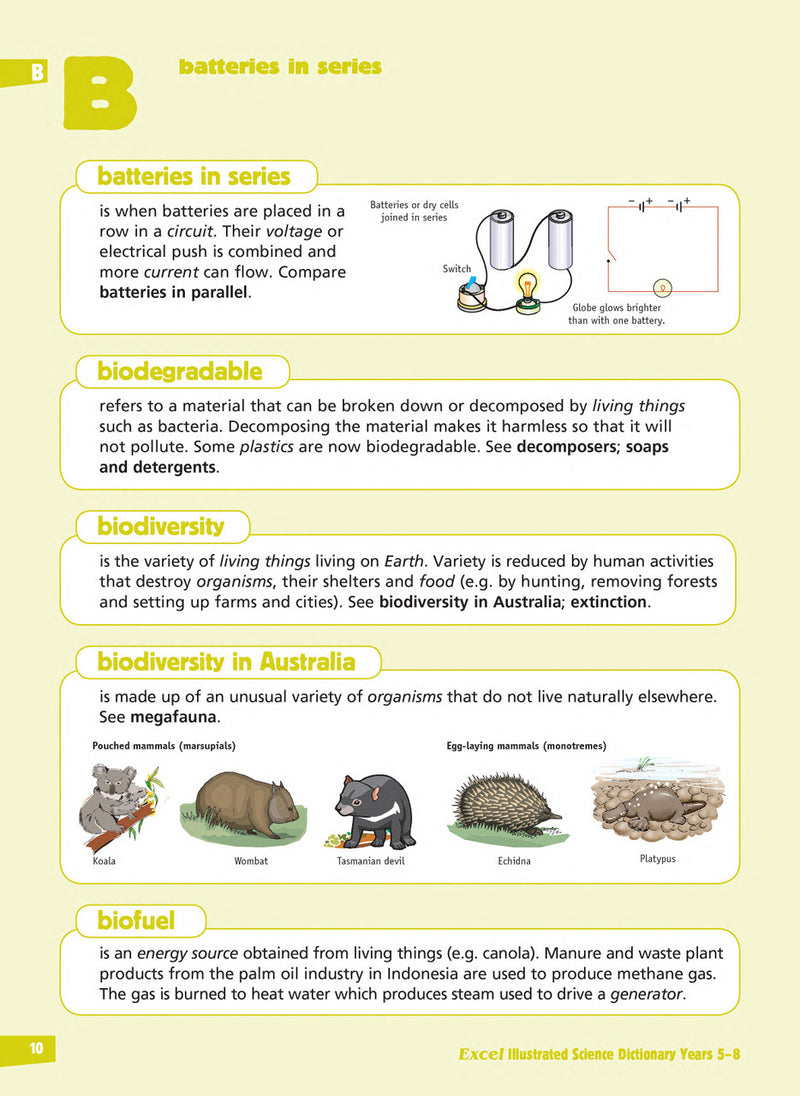 Sample inside page from the Excel Illustrated Science Dictionary Years 5-8, taken from the publisher product gallery