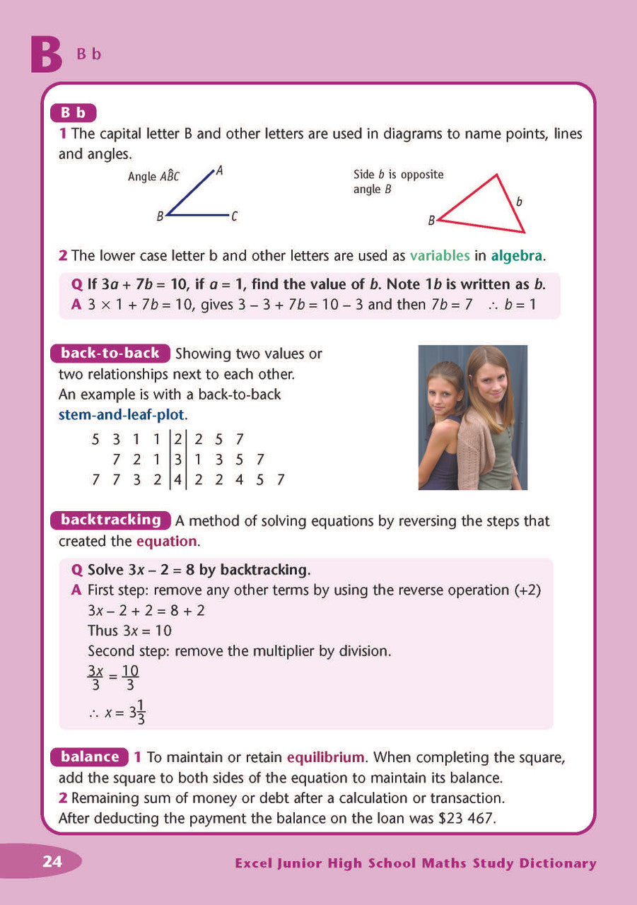 Sample interior page from the Excel Junior High School Maths Study Dictionary as shown in the Pascal Press product gallery