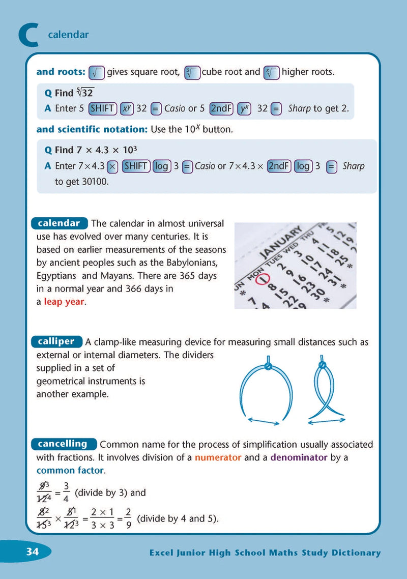 Sample interior page from the Excel Junior High School Maths Study Dictionary as shown in the Pascal Press product gallery