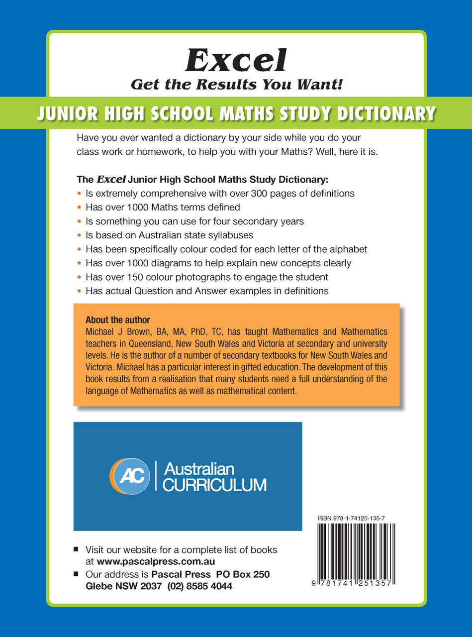 Back cover of the Excel Junior High School Maths Study Dictionary as shown in the Pascal Press product gallery