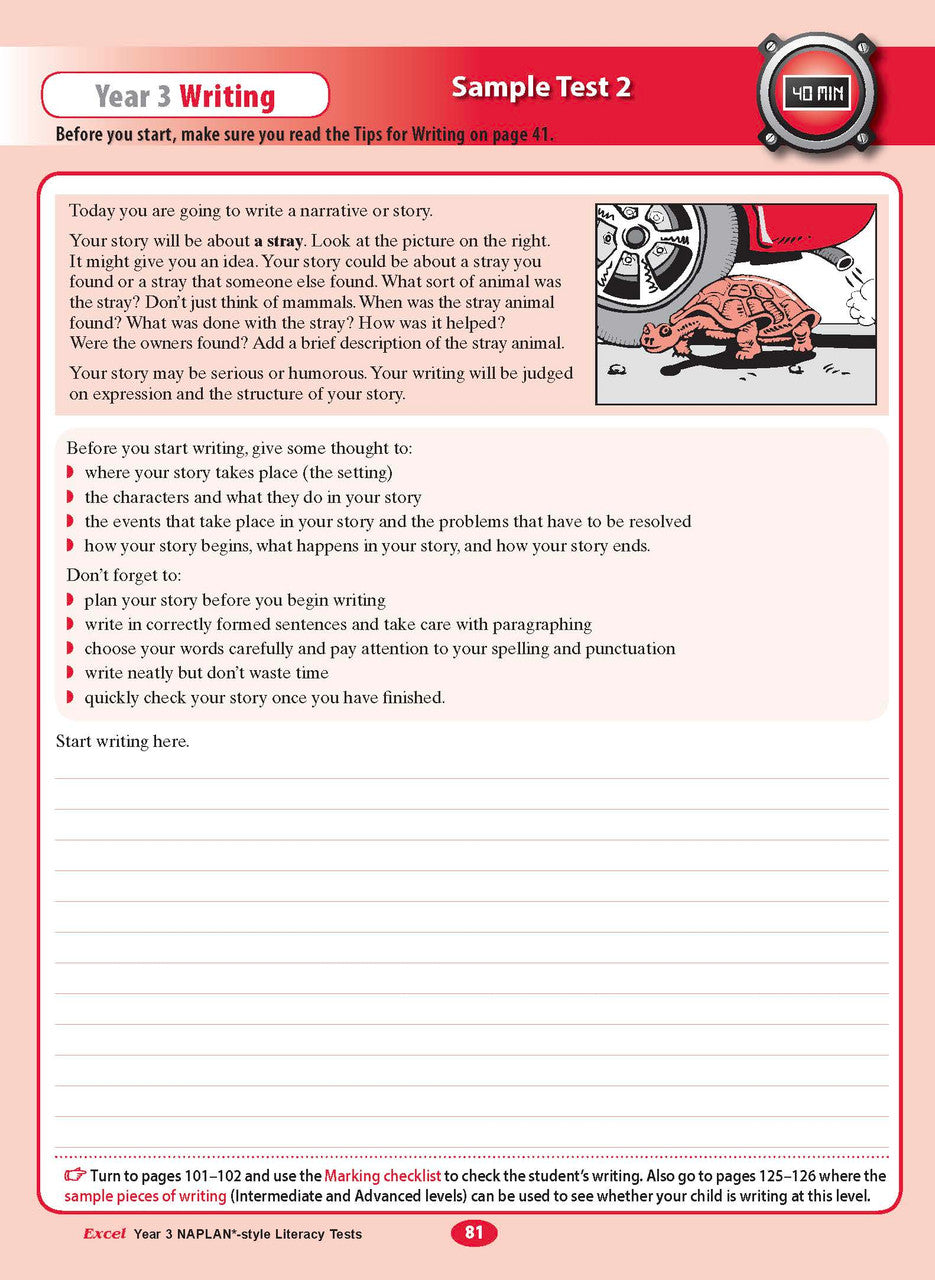 The ninth sample interior page from the Excel Year 3 NAPLAN-style Literacy Tests workbook as shown in the publisher gallery