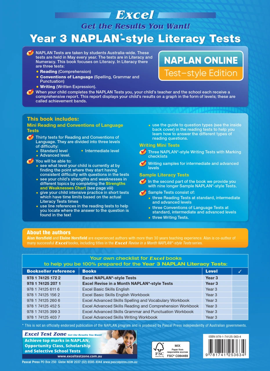 Back cover of the Excel Year 3 NAPLAN-style Literacy Tests workbook as shown at the end of the publisher gallery