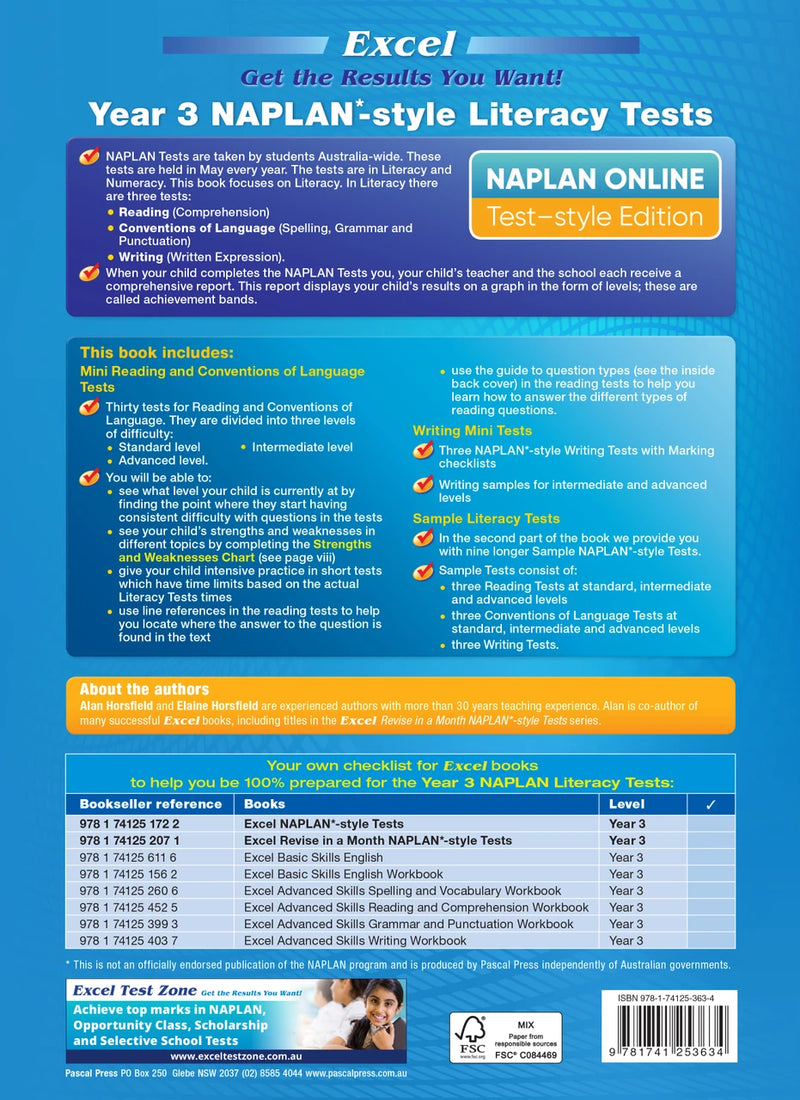 Back cover of the Excel Year 3 NAPLAN-style Literacy Tests workbook as shown at the end of the publisher gallery
