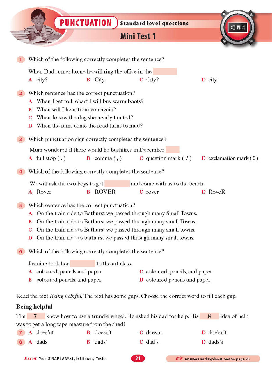 The fourth sample interior page from the Excel Year 3 NAPLAN-style Literacy Tests workbook as shown in the publisher gallery