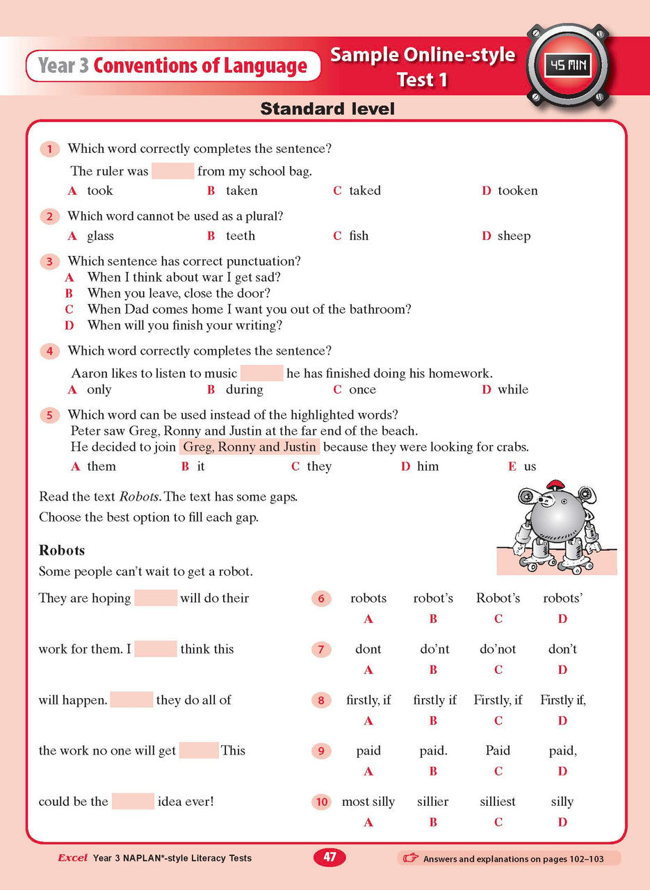 The seventh sample interior page from the Excel Year 3 NAPLAN-style Literacy Tests workbook as shown in the publisher gallery
