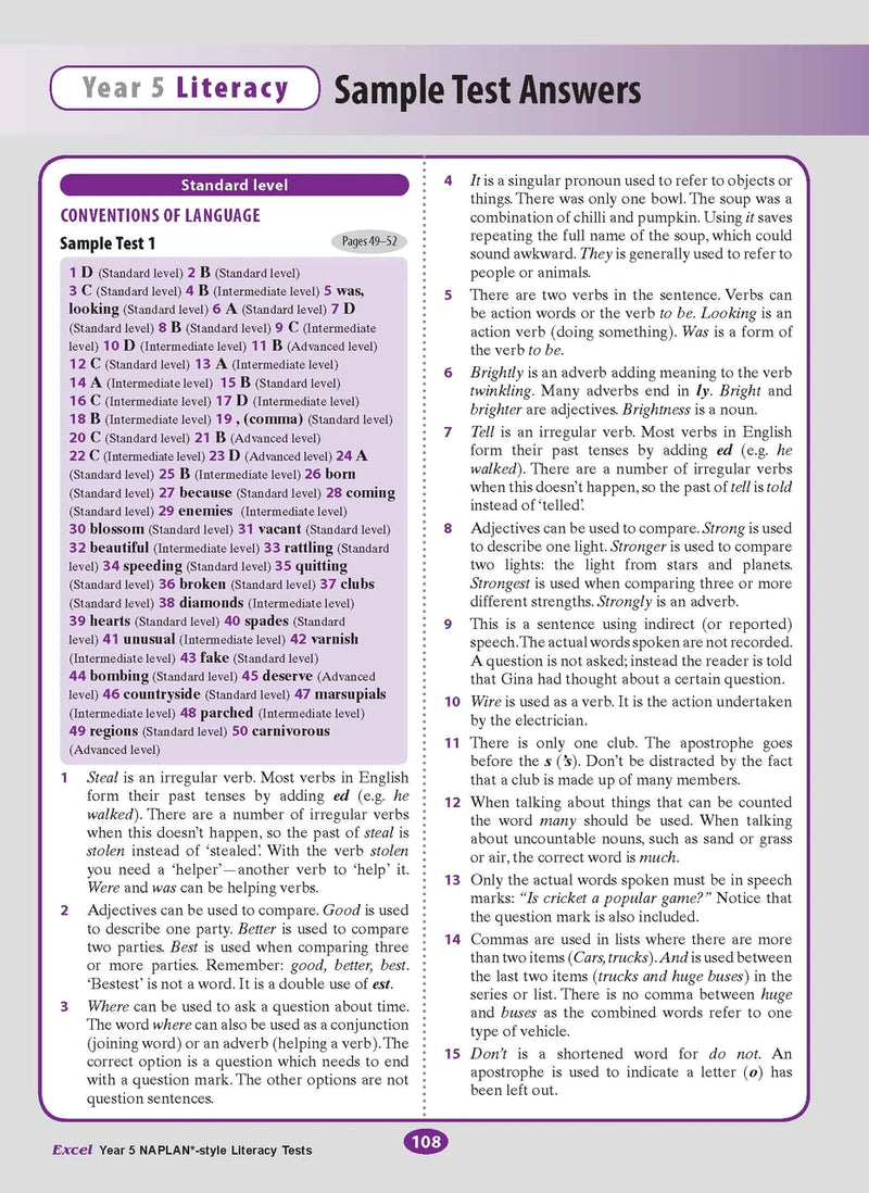 The twelfth sample interior page from the Excel Year 5 NAPLAN-style Literacy Tests workbook as shown in the publisher gallery